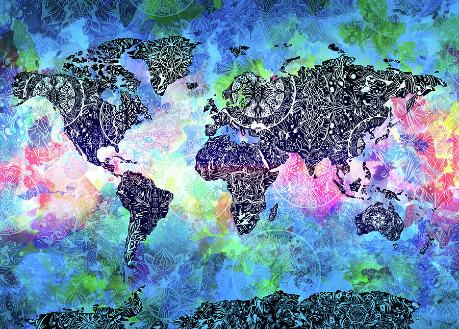 World Map Mandala Watercolor Digital Art by Bekim M