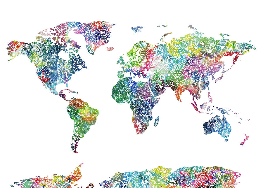 World Map Mandala White Digital Art