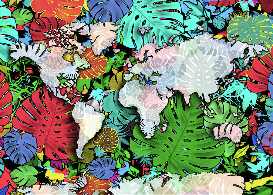 World Map Monstera Leaves  3 Digital Art by Bekim M