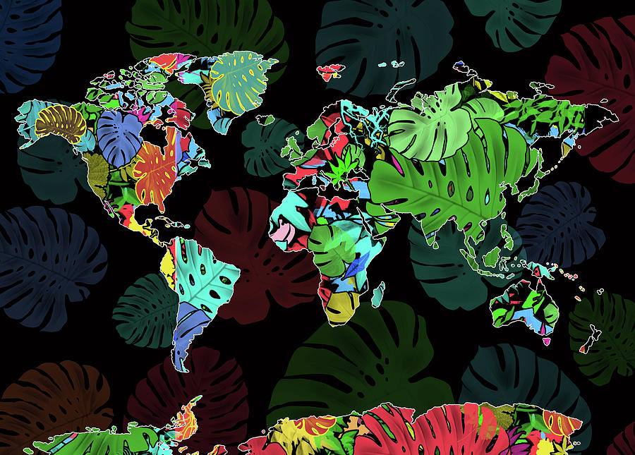 World Map Monstera Leaves  8 Digital Art by Bekim M