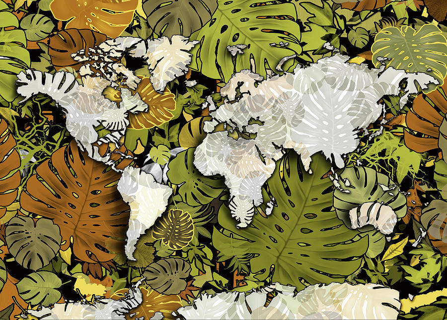 World Map Monstera Leaves  Digital Art by Bekim M