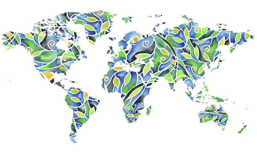 World Map Organic Green And Blue Painting
