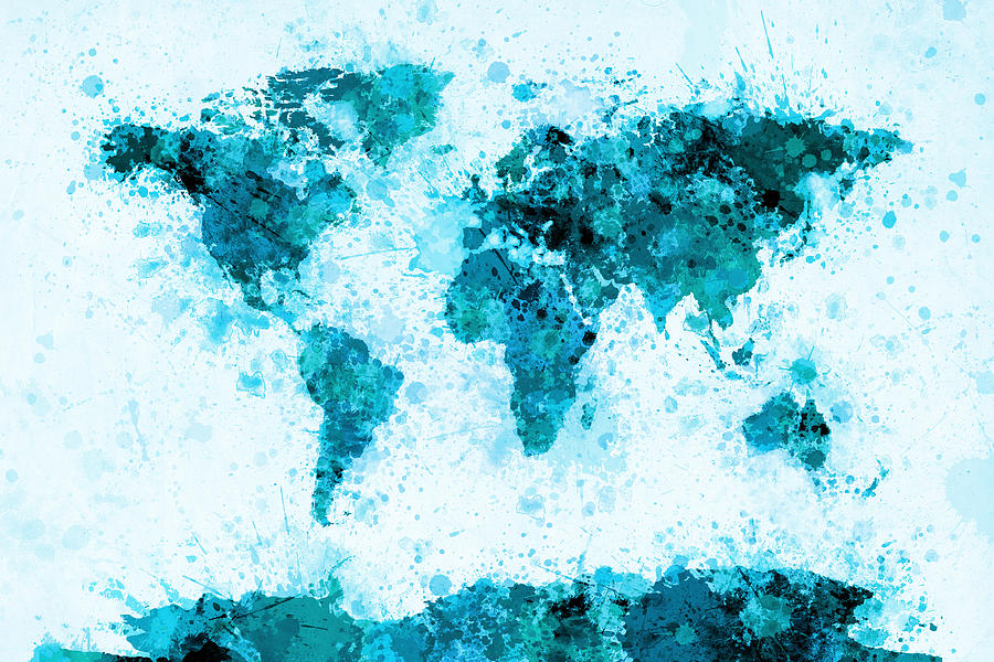 World Map Paint Splashes Blue Digital Art by Michael Tompsett