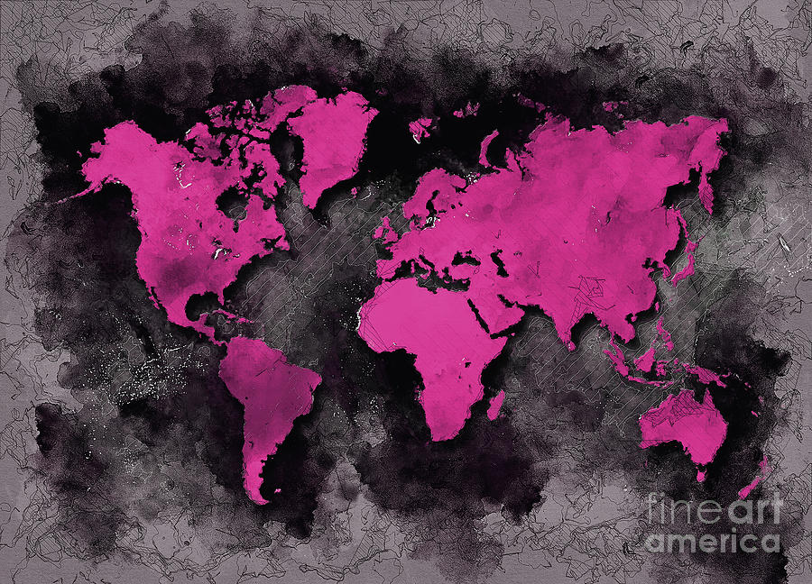 World Map Purple Black Digital Art by Justyna Jaszke JBJart