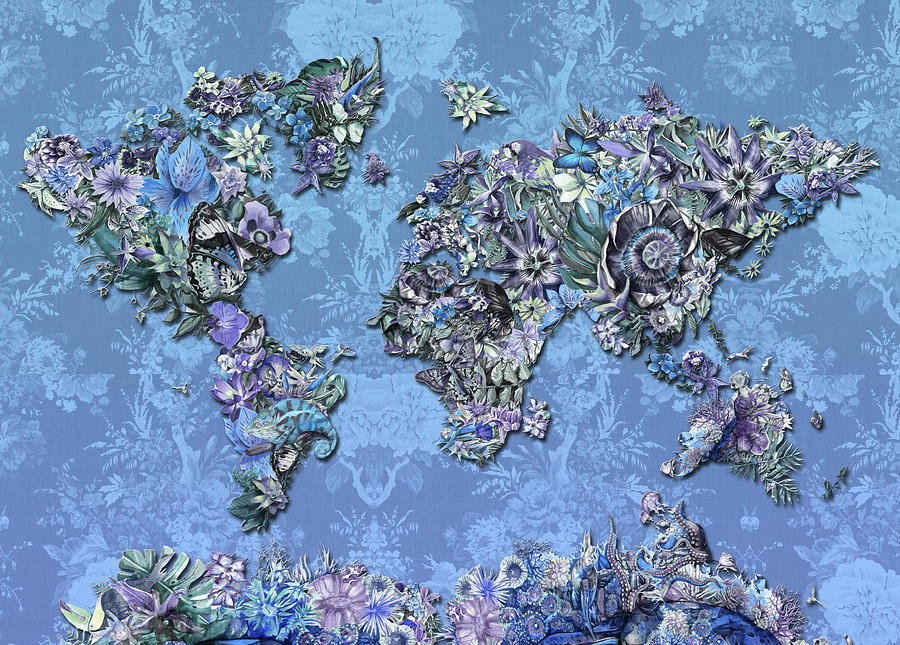 Abstract Digital Art - World Map Tropical Leaves 5 by Bekim M