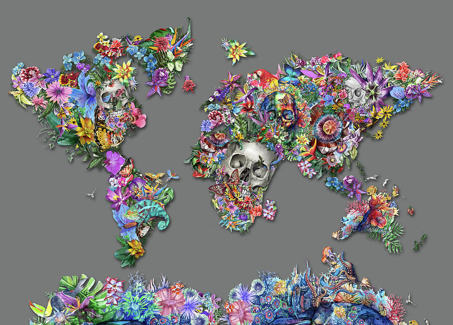 World Map Tropical Skull Leaves 2 Digital Art