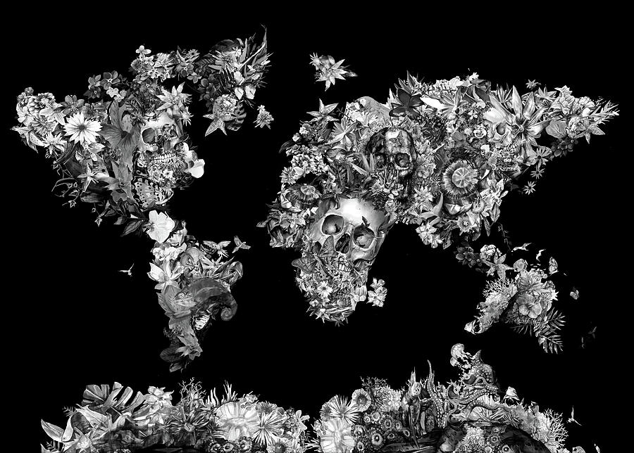 World Map Tropical Skull Leaves 4 Digital Art