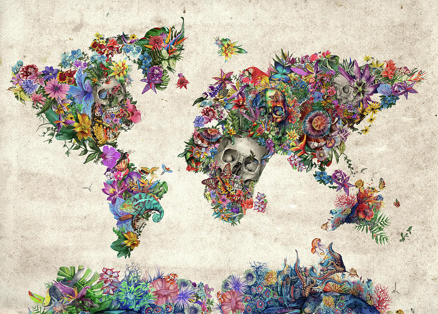 World Map Tropical Skull Leaves Digital Art