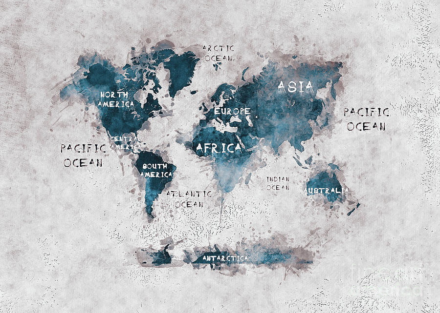 World Map White Blue Digital Art by Justyna Jaszke JBJart