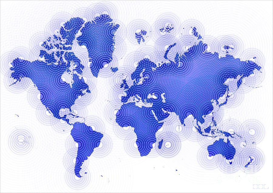 World Map Zona in Blue and White Digital Art by Eleven Corners