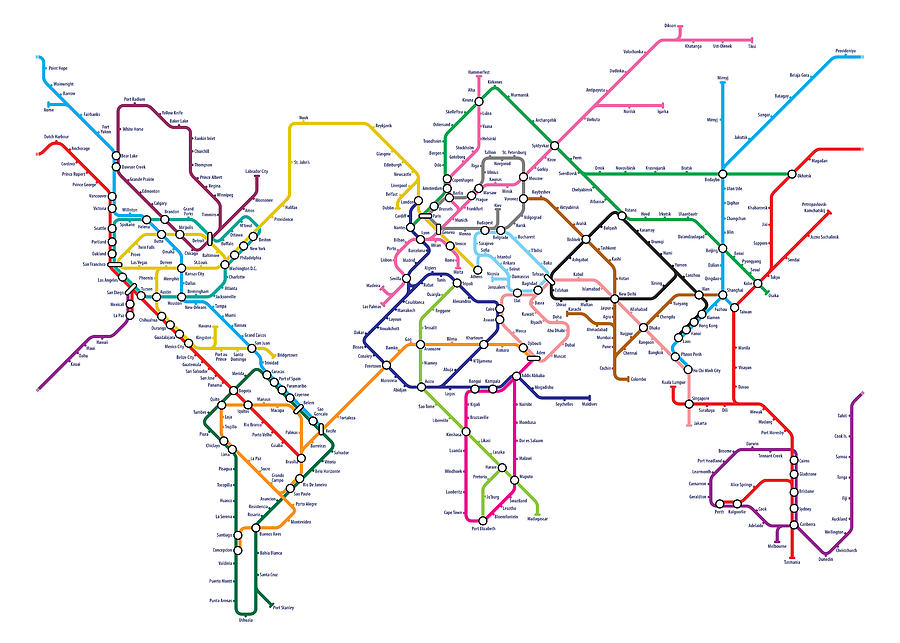 World Map Digital Art - World Metro Subway Map by Michael Tompsett