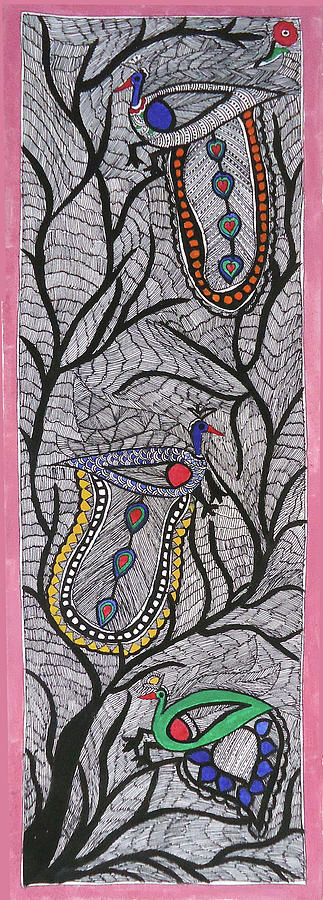 Madhubani Peacock Art Painting Wall Design Poster Fully Waterproof   Laminated  Size 12x18 Inch Rolled