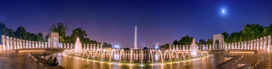 World War 2 Memorial With Full Moon And Washington Monument Photograph
