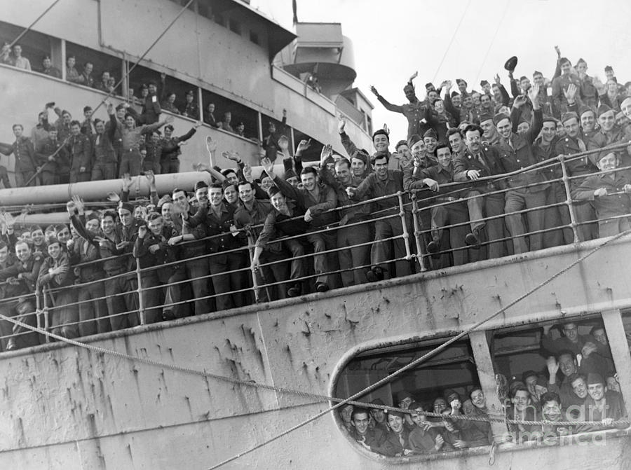 World War 2 Soldiers Waving From Military Ship. 1945 Photograph by ...