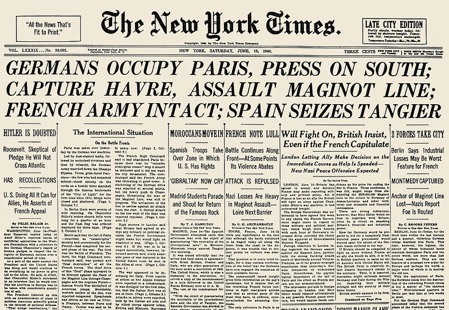 World War II: Headline, 1940 Photograph by Granger