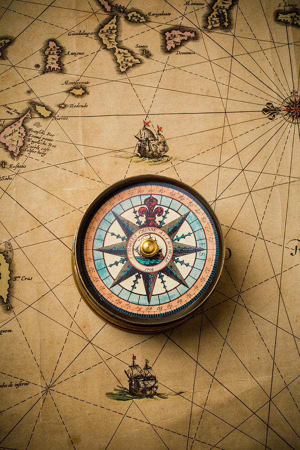 Vintage Photograph - Worn Antique Map And Compass by Garry Gay