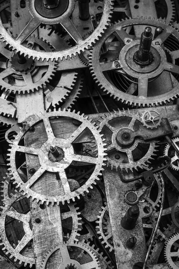 Still Life Photograph - Worn Gears Black And White by Garry Gay