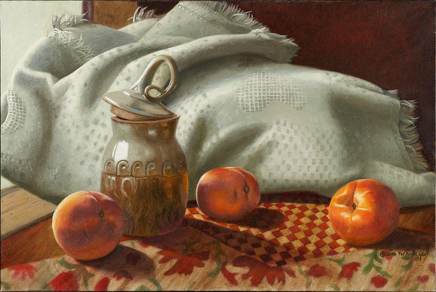 Still Life Painting - Woven Decopaged Thrown and Grown by Pat Aube Gray Still Life Painting - Woven Decopaged Thrown and Grown by Pat Aube Gray