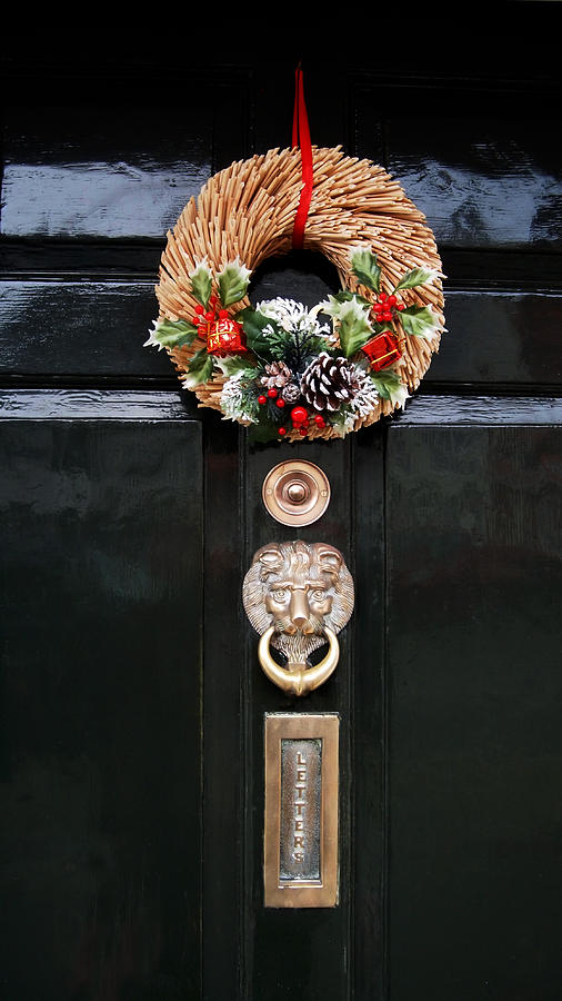 Wreath on Black Door Photograph by Nancy Clendaniel