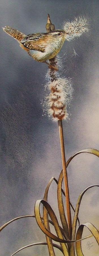 Wren and Cattails Painting by Greg and Linda Halom