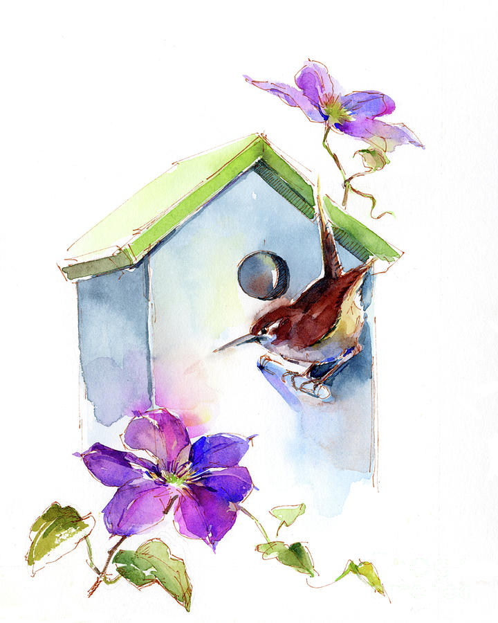 Wren with birdhouse and Clematis Painting by John Keeling