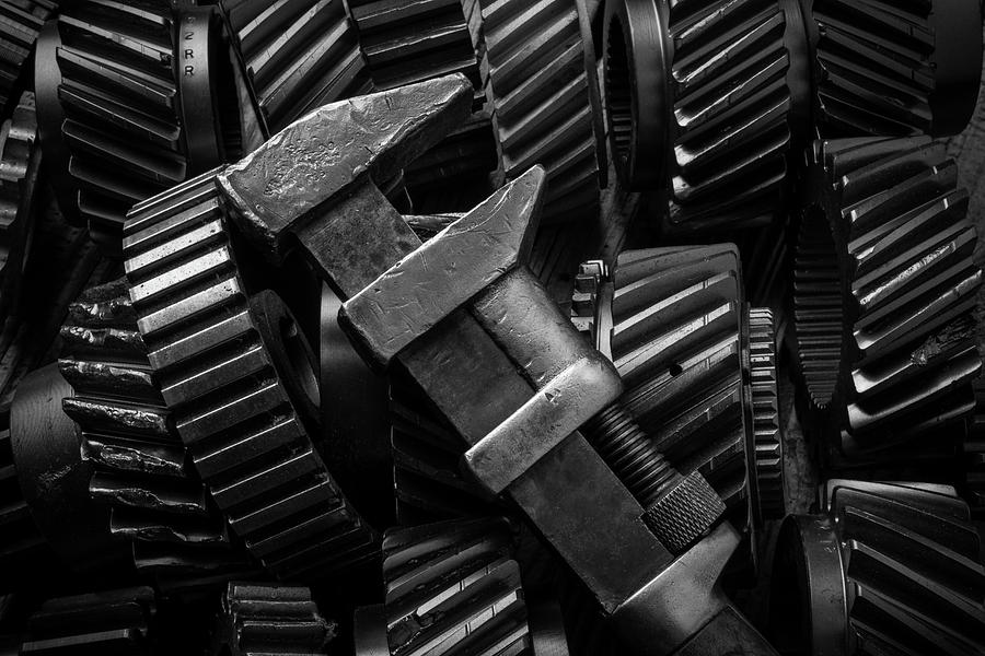Black And White Photograph - Wrench On Gears by Garry Gay