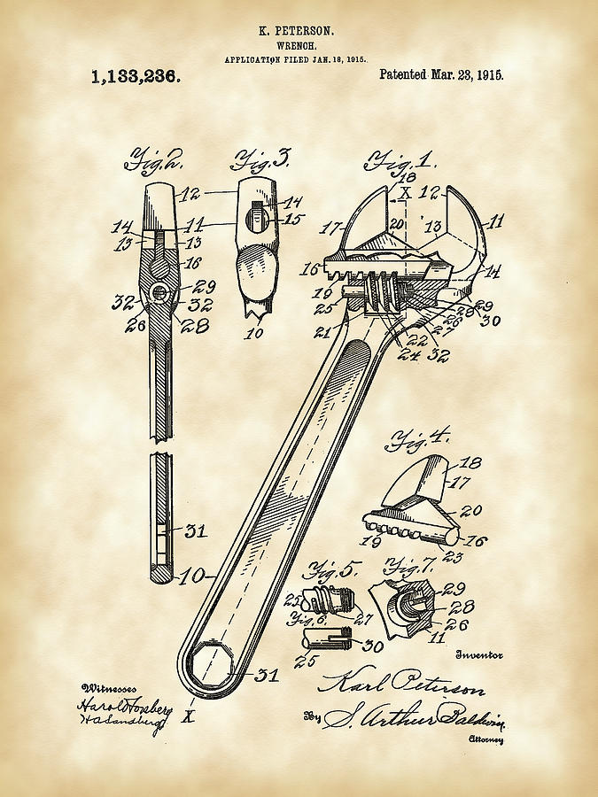 Wrench Patent 1915 - Vintage Digital Art by Stephen Younts