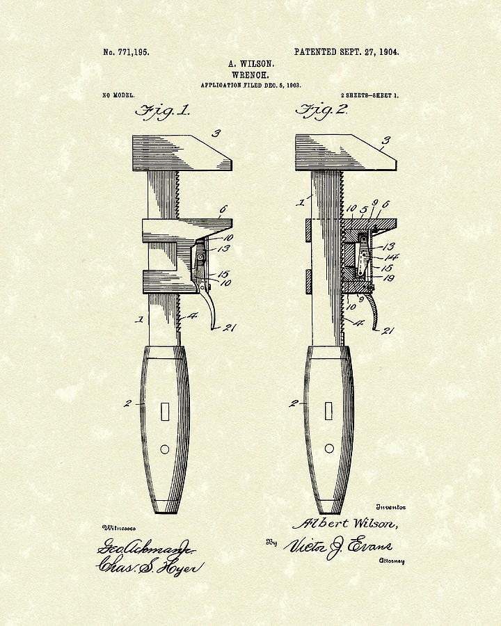 Wrench Wilson 1904 Patent Art Drawing by Prior Art Design