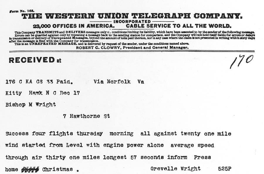 Wright Brothers Telegram Photograph by Granger