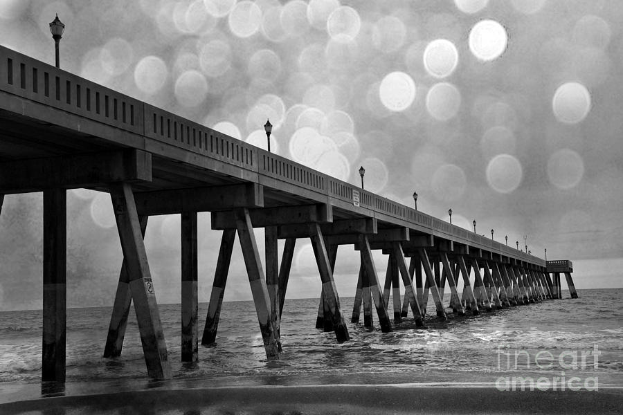 Wrightsville Beach North Carolina Ocean Fishing Pier Black and White Photography Photograph by Kathy Fornal