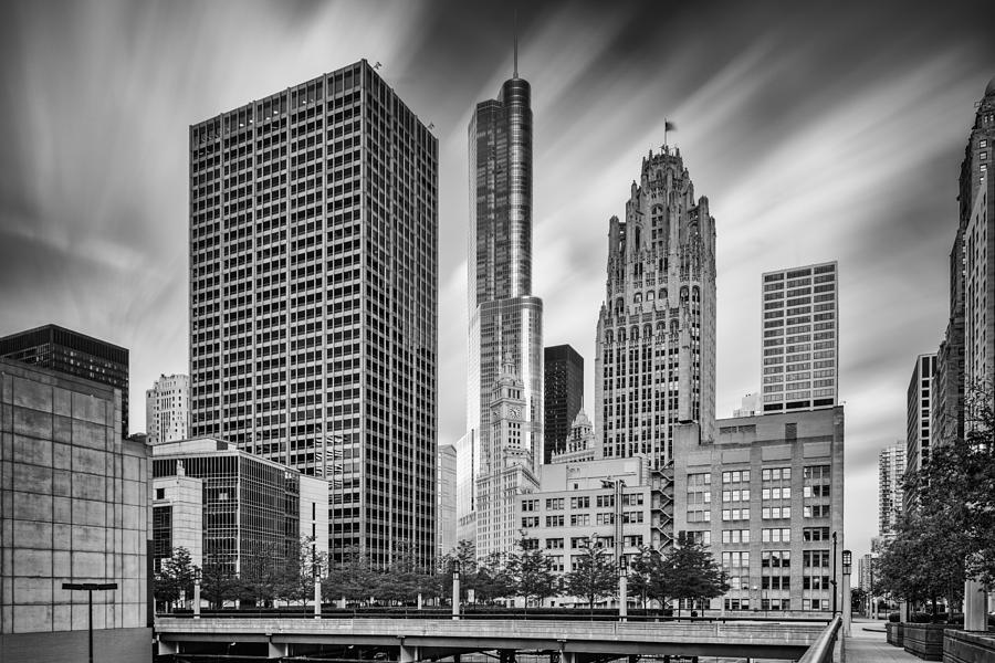 Chicago Photograph - Wrigley Equitable Buildings - Trump Chicago Tribune Tower - Black White - Chicago Illinois by Silvio Ligutti