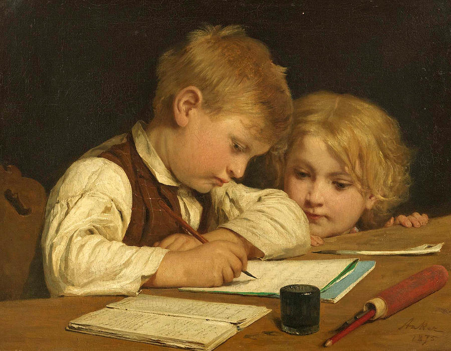 Writing boy with sister Painting by Albert Anker