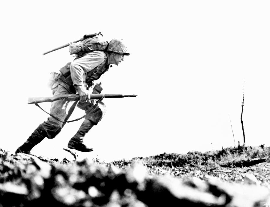 Black And White Photograph - WWII Marine Crosses Death Valley Okinawa by Historic Image