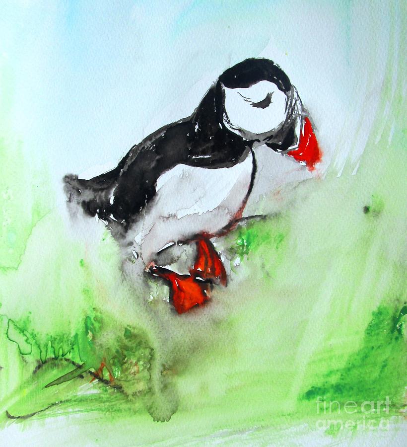 Www.pixi-art.com -sold To An Irish  Irish Puffin From The Balsket Islands - Large Wall Art On Canvas Painting by Mary Cahalan Lee - aka PIXI