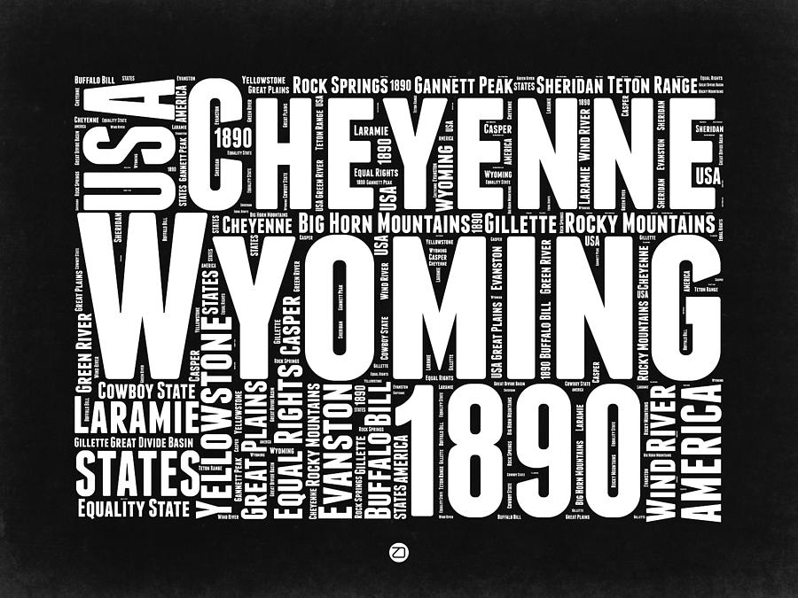 Independence Day Digital Art - Wyoming Black and white Word Cloud Map by Naxart Studio