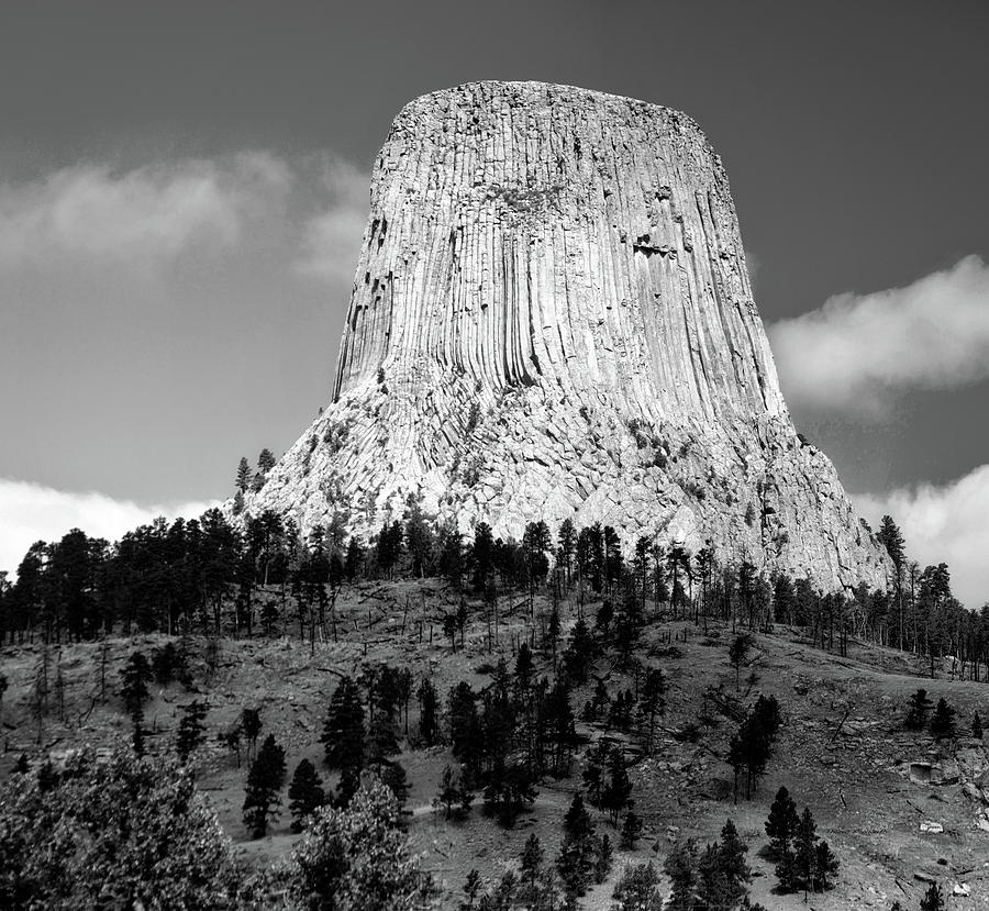 Wyoming Devils Tower National Monument With Climbers BW Photograph by Thomas Woolworth