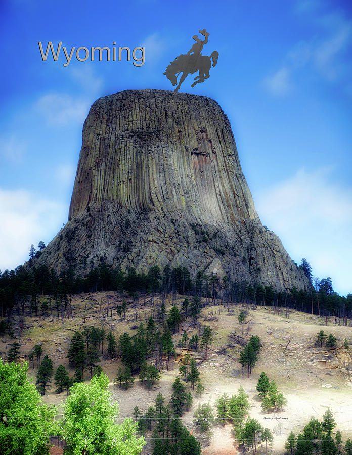 Wyoming Devils Tower With Cowboy And Climbers Photograph by Thomas Woolworth