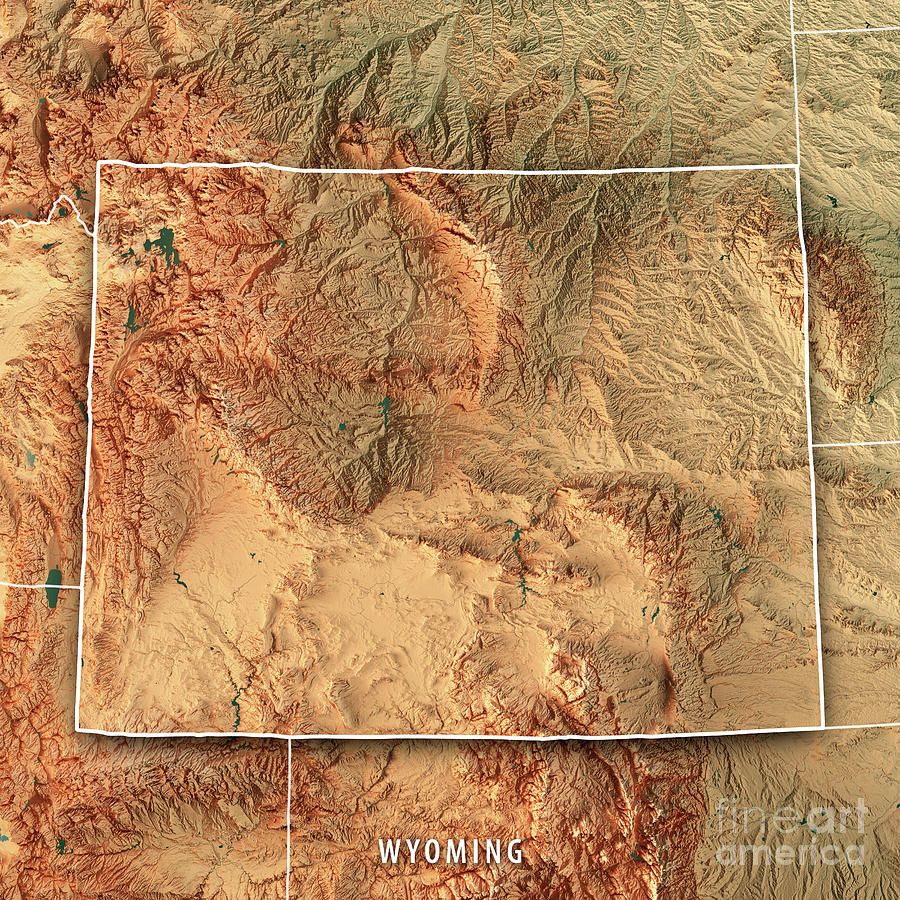 Wyoming State USA 3D Render Topographic Map Border Digital Art by Frank ...