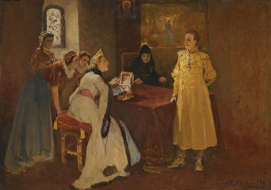 Xenia Godunova and the False Dmitri Painting by Klavdi Vasilievich Lebedev