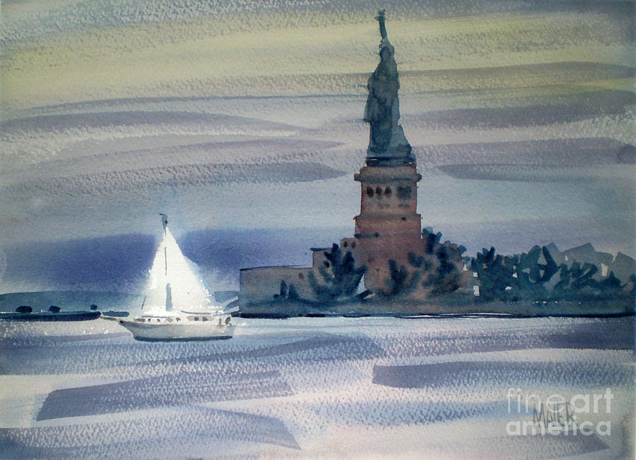 Statue Of Liberty Painting - Yacht In New York Harbor by Donald Maier