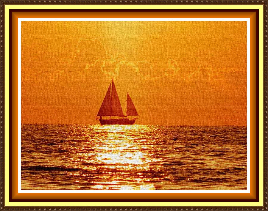 Yacht Sunset L B With Decorative Ornate Printed Frame. Painting