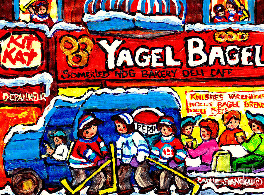 Yagel Bagel Somerled Ave Ndg Bakery Cafe Paintings Montreal Hockey Scene Canadian Art Carole Spandau Painting by Carole Spandau