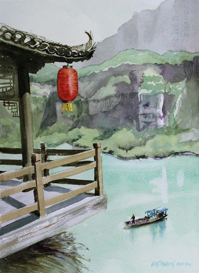 Boat Painting - Yangtze Lantern by Kris Parins