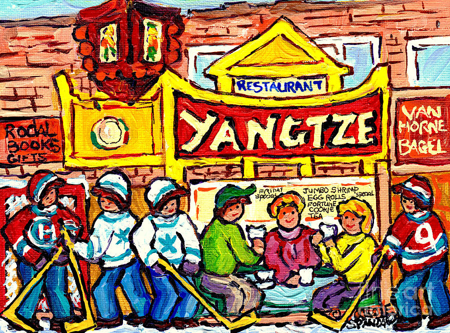 Yangtze Montreal Memories Restaurant Paintings Winter Street Scene Hockey Art Canadian Artist  Painting by Carole Spandau