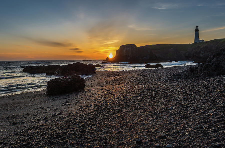 Beach Photograph - Yaquina Light Sunset  by Calazones Flics