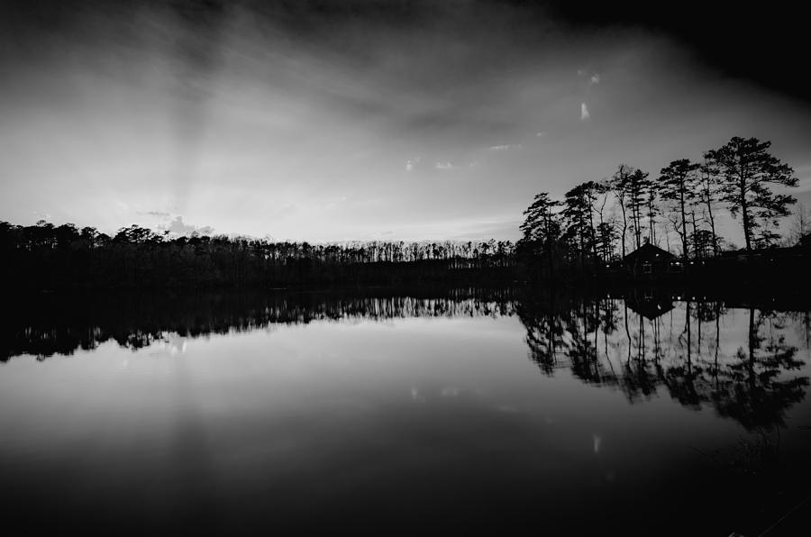 Yates Mill Pond at Sunset in Black and White Photograph by Anthony Doudt