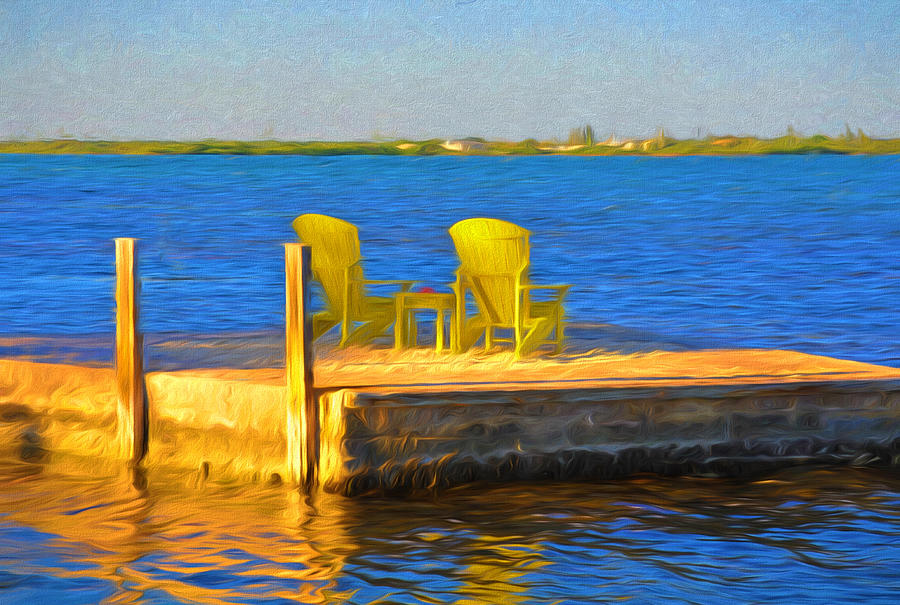 Yellow Adirondack Chairs on Dock in Florida Keys Photograph by Ginger Wakem