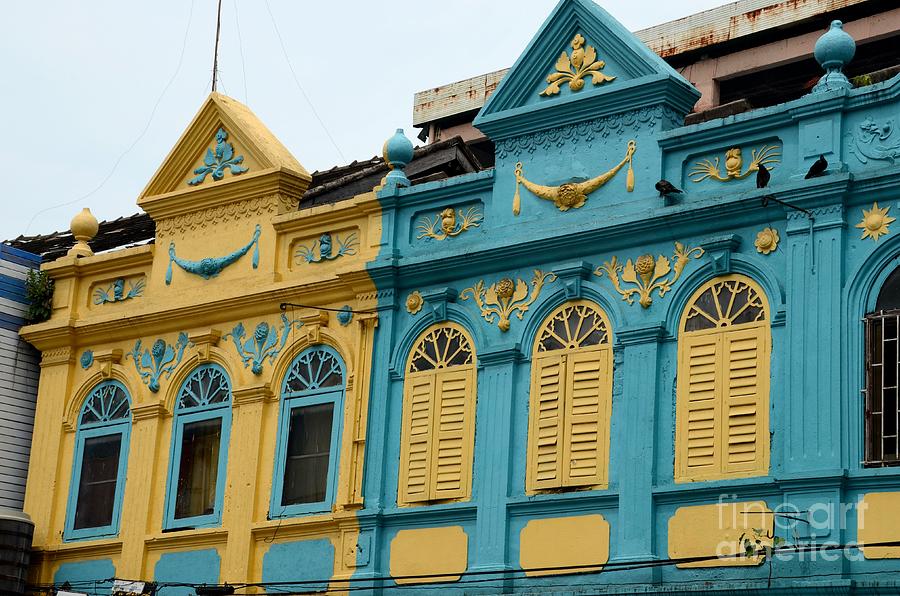 Architecture Photograph - Yellow and blue art deco Peranakan colorful architecture houses Hat Yai Thailand by Imran Ahmed
