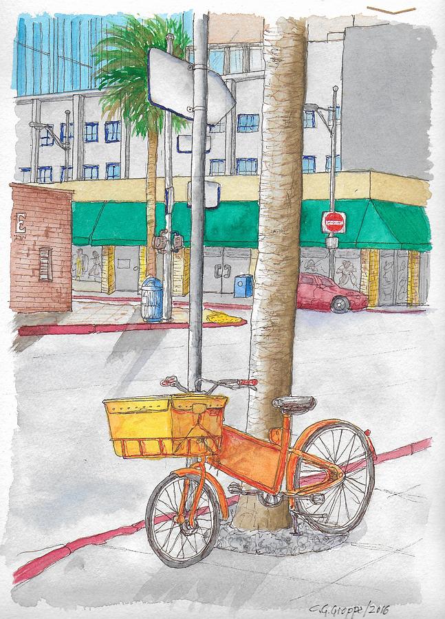 Yellow and orange bicycle in Beverly Hills, California Painting by Carlos G Groppa