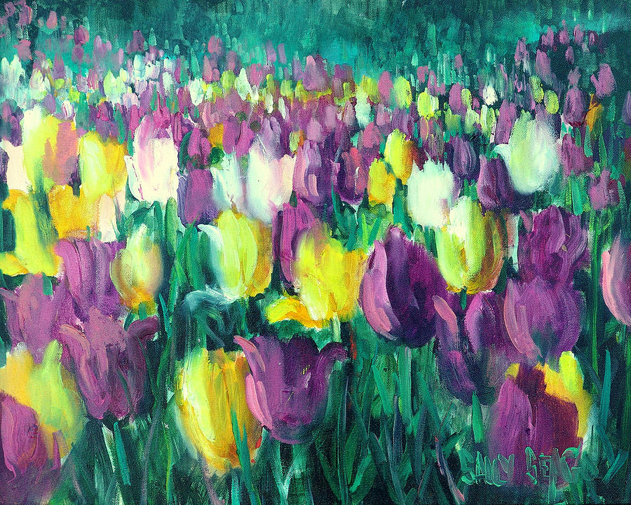 Flower Painting - Yellow and Violet Tulips by Sally Seago
